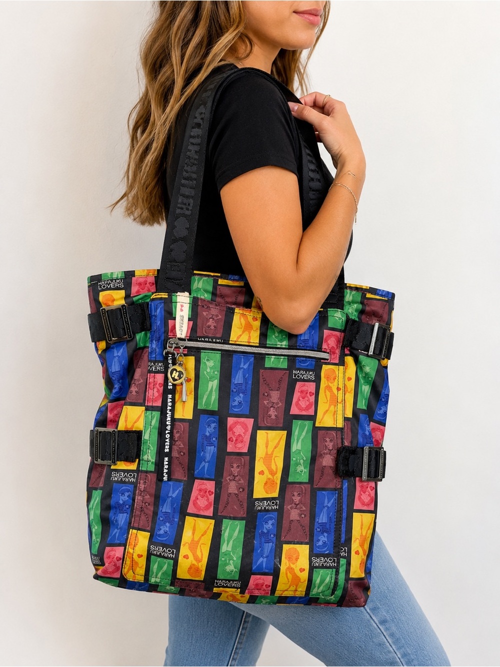 Harajuku Lovers Gwen Stefani Color Block Tote Bag Large Nylon Shoulder Bag Rare